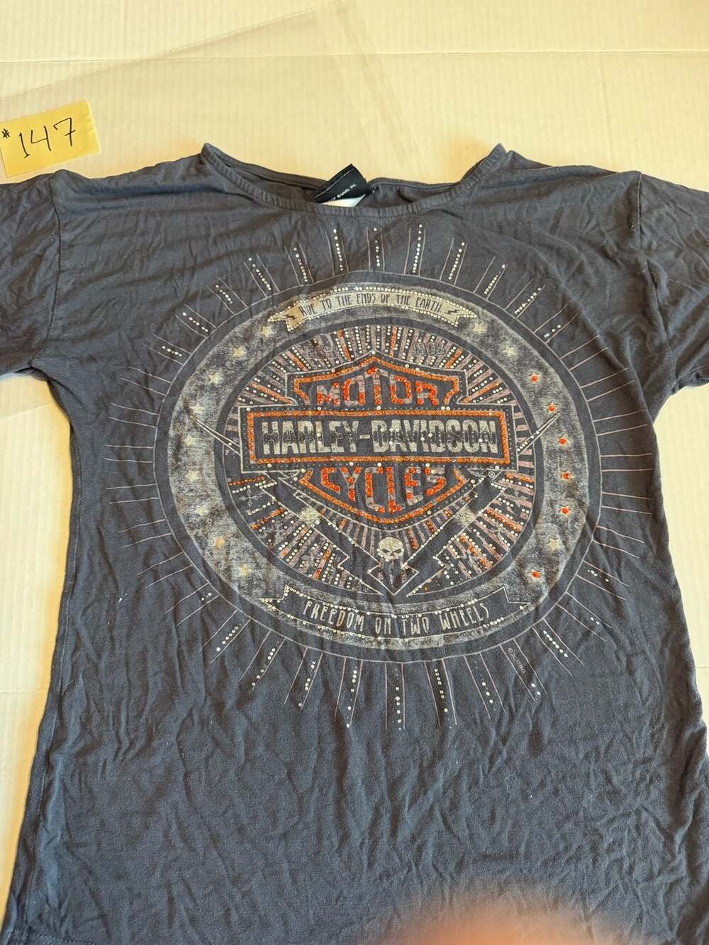 Harley-Davidson Rhinestone Skull Graphic T-Shirt Size S Gray